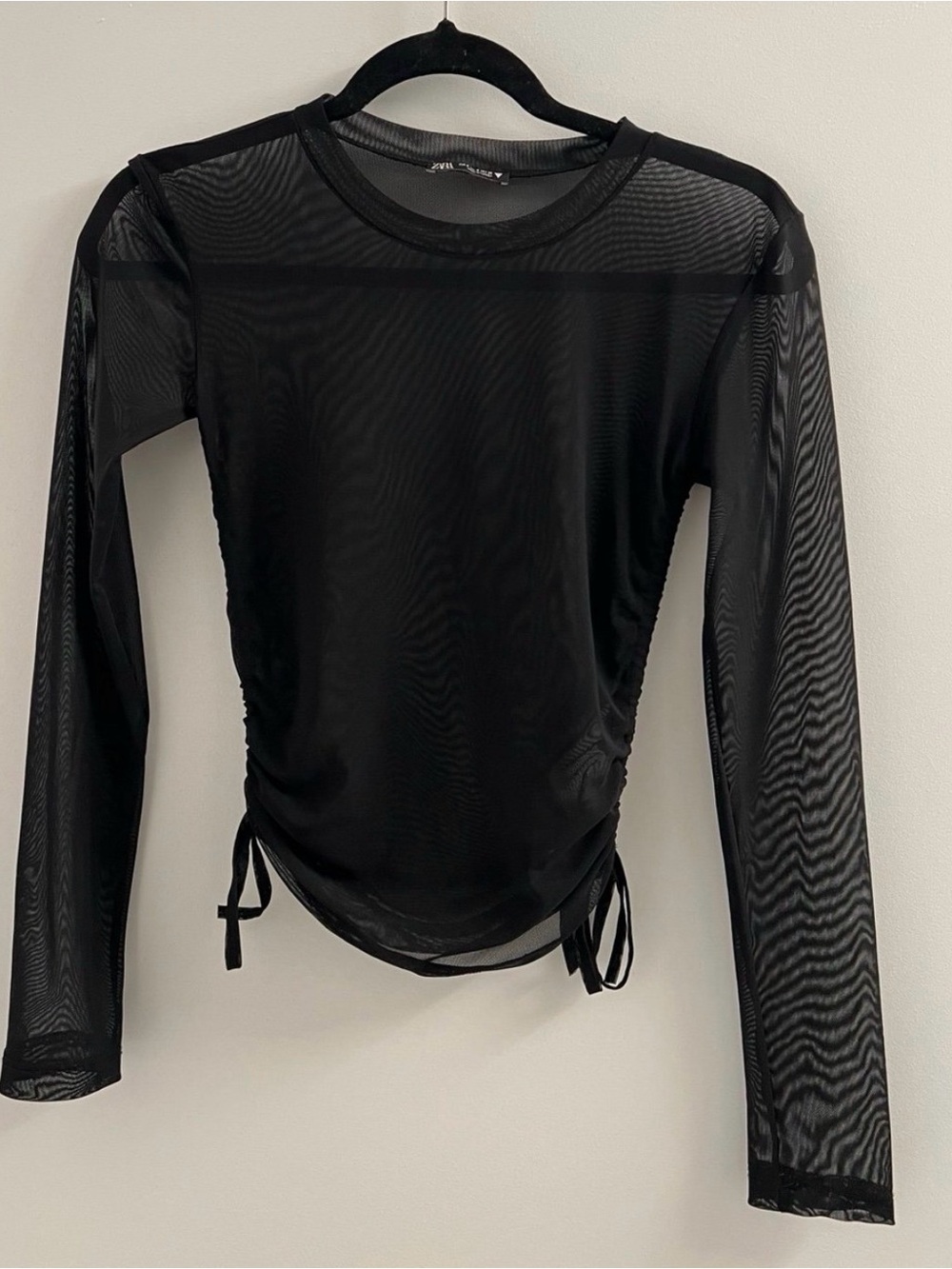 Zara Black Sheer Long-Sleeve Mesh Top with Side Ties